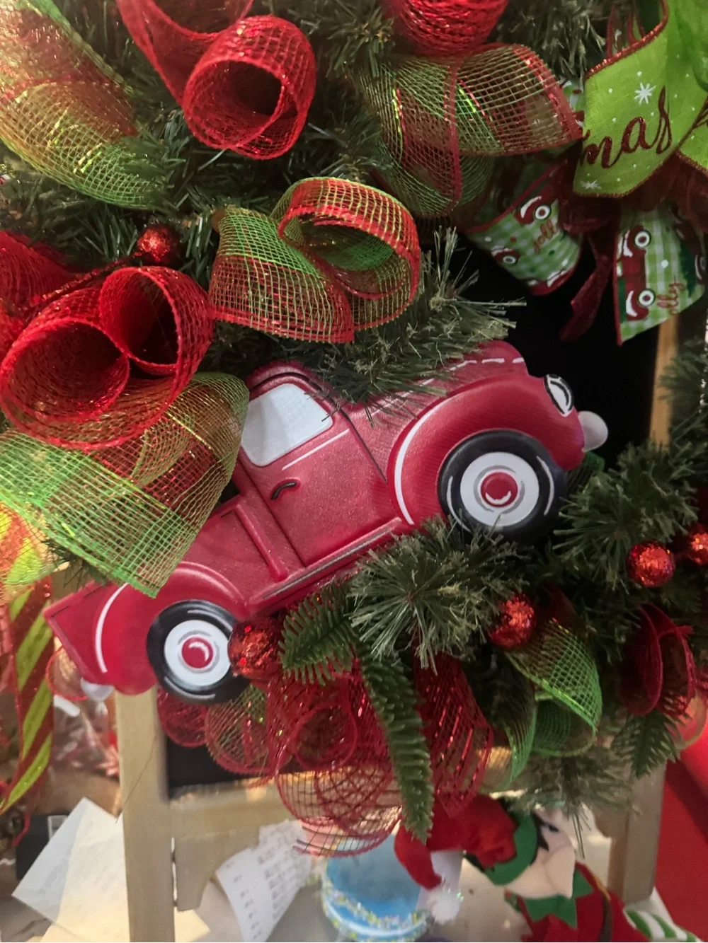 Red & Green Holiday Wreath with Vintage Red Truck - ALL ROADS LEAD HOME WREATH